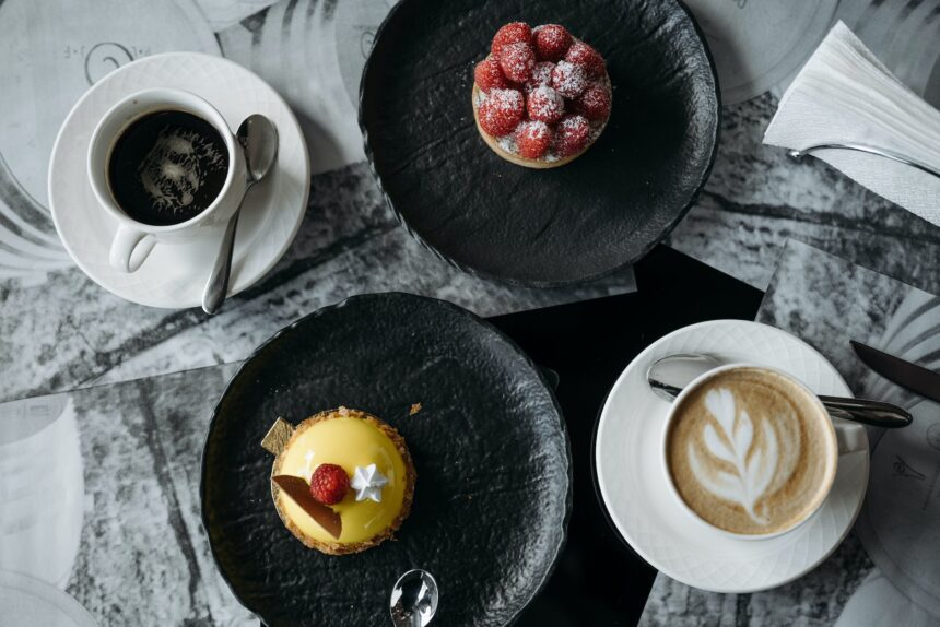 top view of coffee and sweet pastry on the table